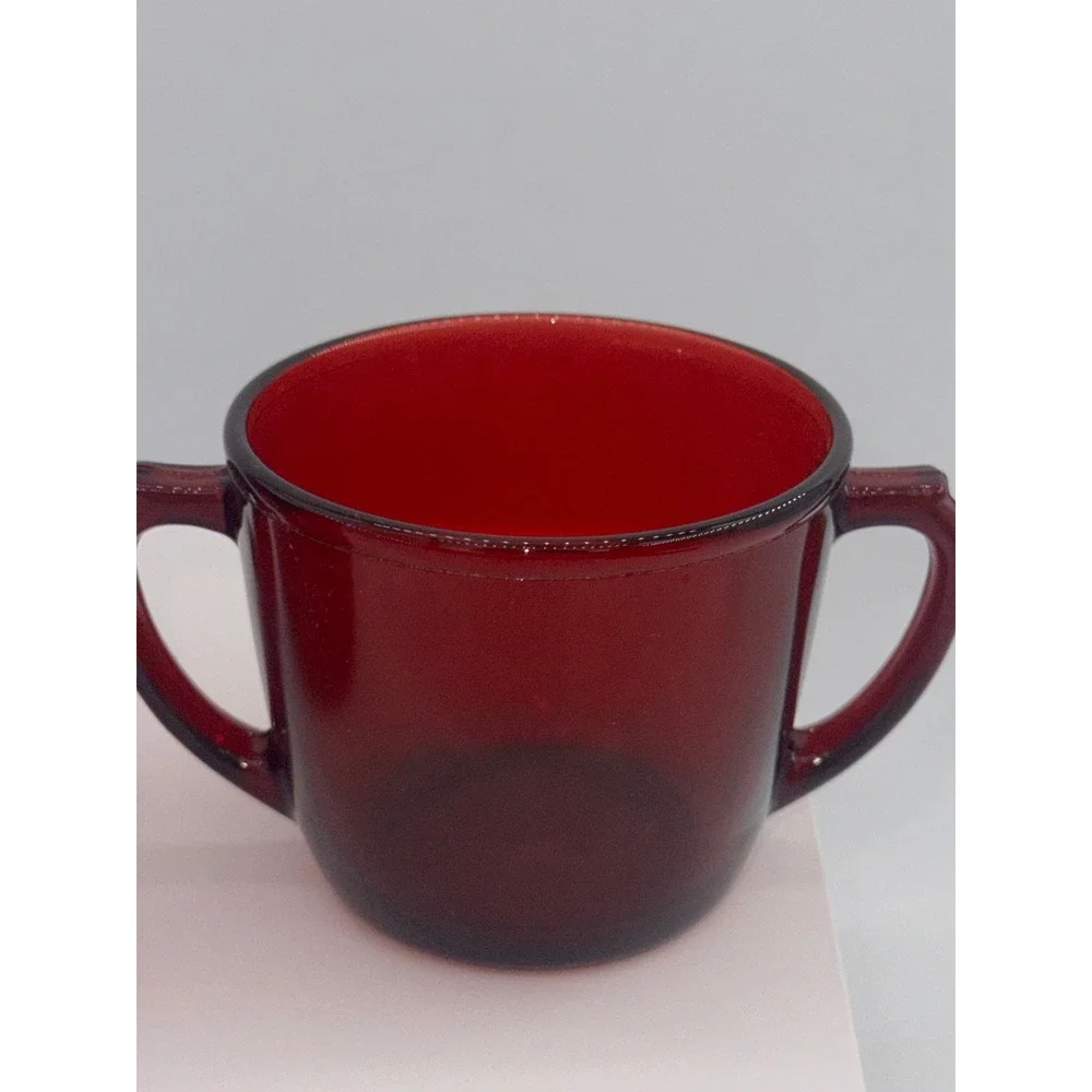 Vintage Ruby Red Glass Creamer and Sugar Bowl Set Double Handle 3 inch T